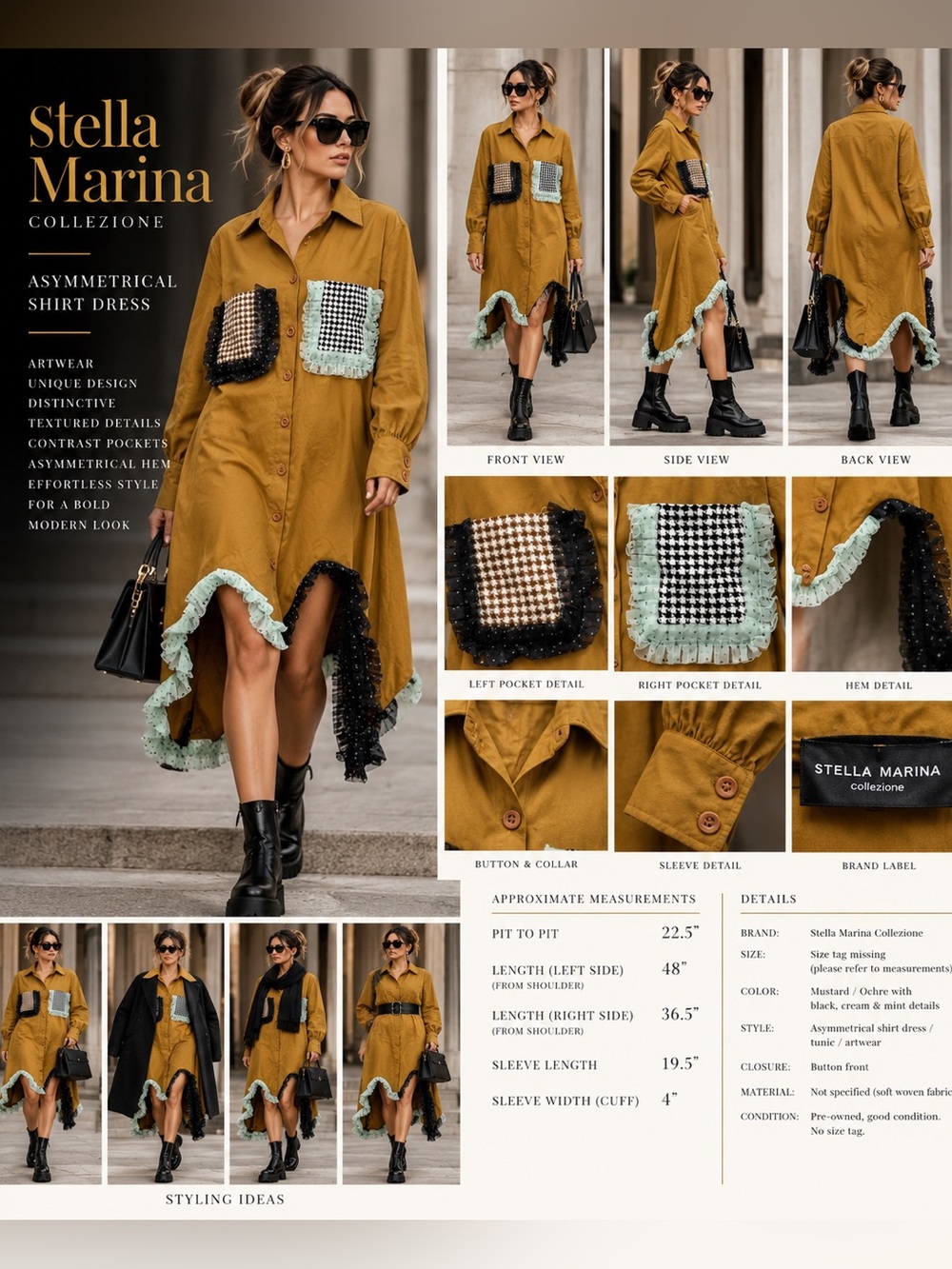 Stella Marina Collezione Avant Garde Asymmetrical Dress Mustard Ruffle Artwear